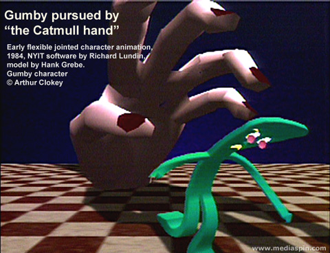 Gumby pursued by Catmull hand, 1984.
